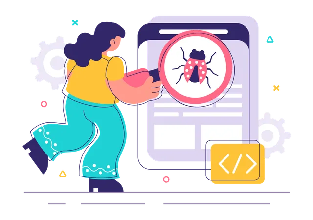 Woman using bug tracking tool  Illustration