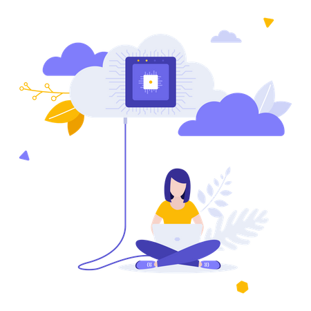 Woman using cloud computing service Illustration