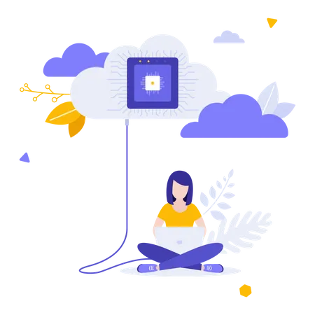 Woman using cloud computing service Illustration