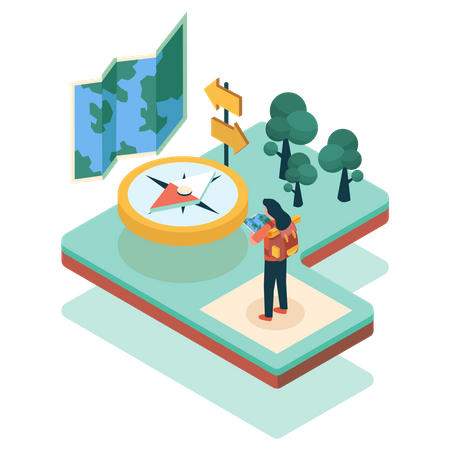 Woman using compass and map  Illustration