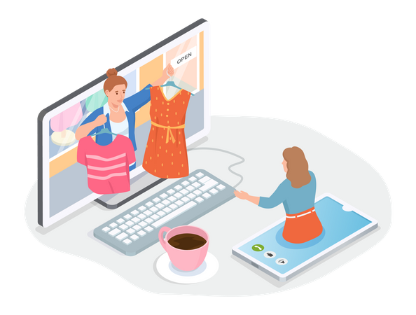 Woman using computer and smartphone to choose dress on website, online shopping concept, e-commerce Illustration
