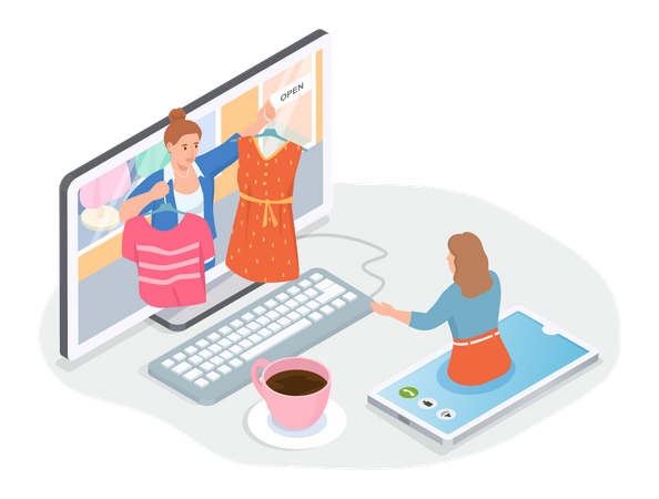 Woman using computer and smartphone to choose dress on website, online shopping concept, e-commerce  Illustration