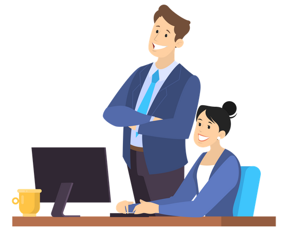 Woman using computer and talking to her coworker Illustration