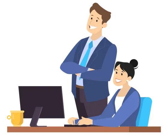 Office Worker Using His Computer Businesswoman Sitting At The Computer And Talking To Her Coworker Conept Of Successful Work Illustration