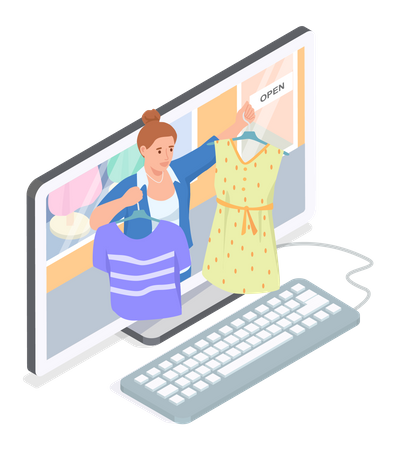 Woman using computer to sell dress online  Illustration