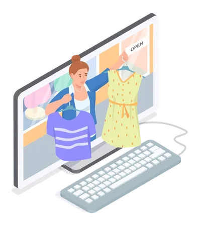 Woman using computer to sell dress online  Illustration