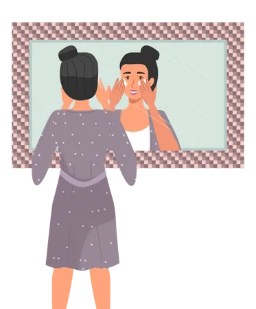 Woman Using Cosmetic Cleansing Gel To Clean Her Face Girl Doing Morning Routine In The Bathroom Female Character Looking In The Mirror And Applying Skin Care Product Person Washes Her Face Illustration