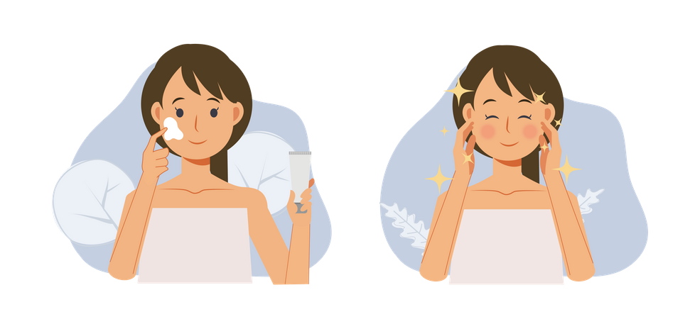 Woman using cosmetic cream on face Illustration