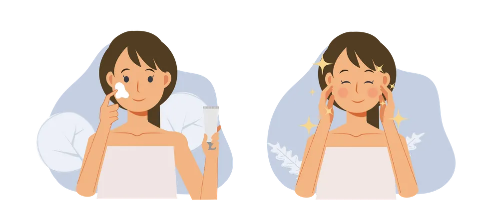 Skin Care Concept Facial Treatment Woman Is Using Cream On Her Face Before After Flat Vector Illustration Illustration