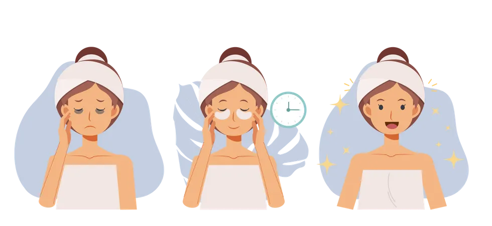 Skin Care Concept Woman Is Using Cream Under The Eyes To Remove Circles Under Your Eyes Before And After Using Cream Flat Vector Cartoon Character Illustration イラスト