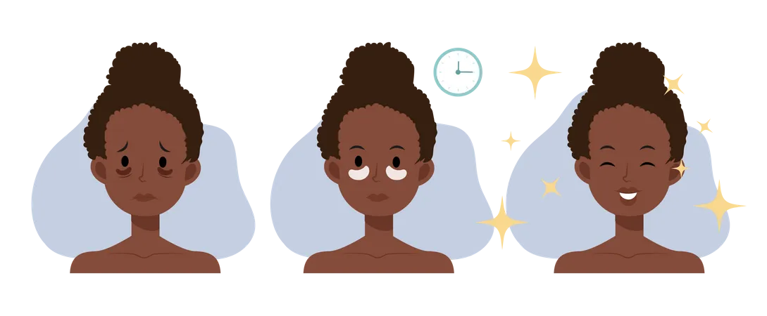 Skin Care Concept African American Woman Is Using Cream Under The Eyes To Remove Circles Under Your Eyes Before And After Using Cream Flat Vector Cartoon Character Illustration イラスト