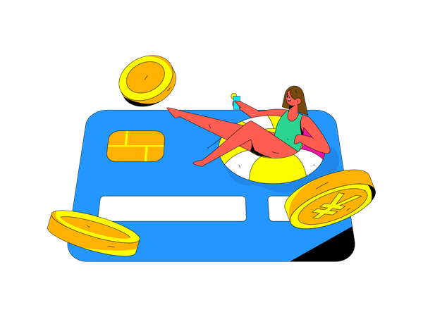 Woman using credit card on trip  Illustration