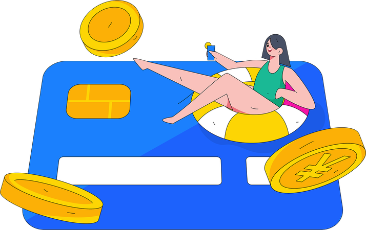 Woman using credit card on trip  Illustration