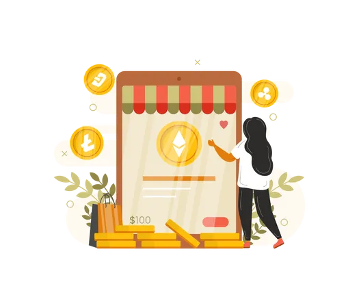 Woman using crypto marketplace  Illustration