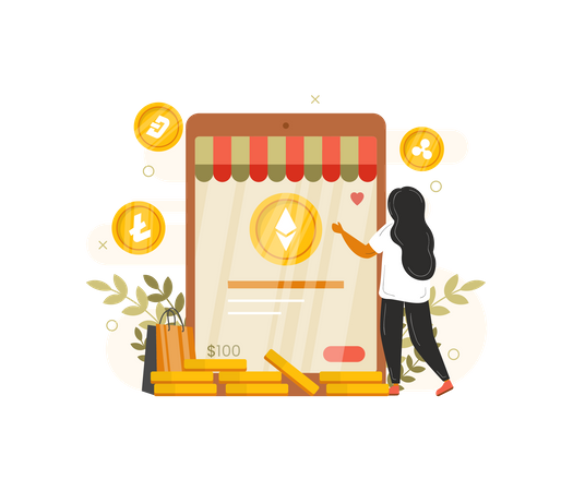 Woman using crypto marketplace  Illustration