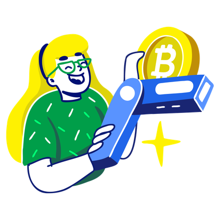 Woman using Crypto USB Vault  Illustration