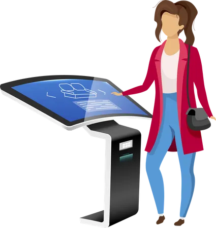 Woman Using Digital Signage Board Flat Color Vector Faceless Character Product Promotion Kiosk User Isolated Cartoon Illustration On White Background Modern Technology With Interactive Interface 일러스트레이션