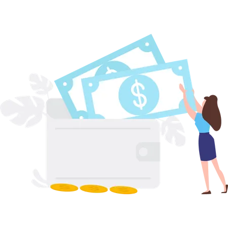 A Girl Is Putting Cash In The Wallet Illustration