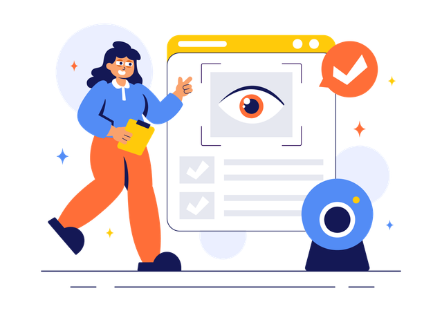 Woman using eye scanner for cctv survelliance  Illustration