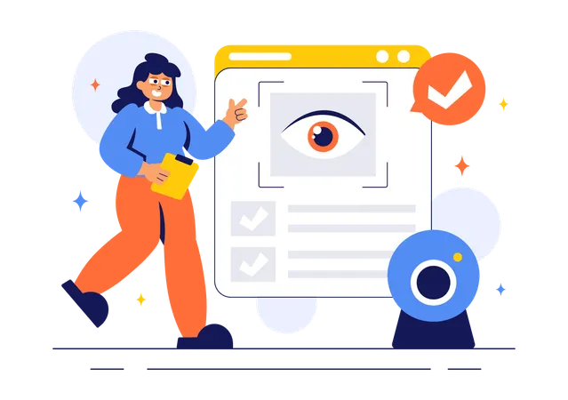 Woman using eye scanner for cctv survelliance  Illustration