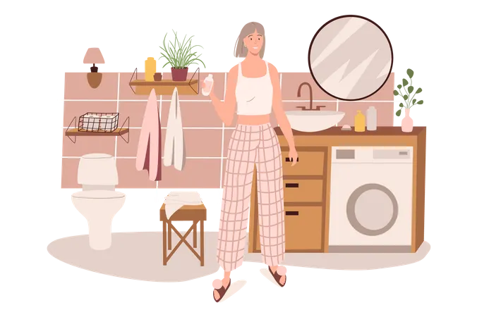 Modern Comfortable Interior Of Bathroom Web Concept Woman Does Beauty Routine In Room With Sink Mirror Toilet Home Decor People Scenes Template Vector Illustration Of Characters In Flat Design Illustration