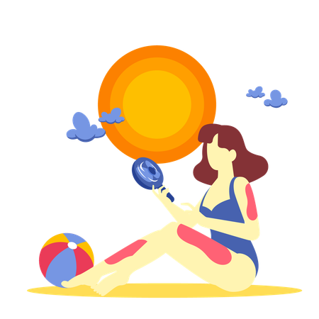 Woman using fan on beach  Illustration