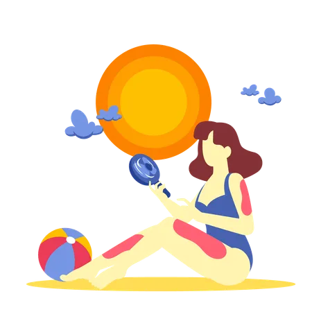 Woman using fan on beach  Illustration