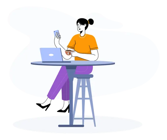 Woman using gadget in cafe  Illustration
