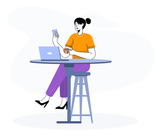 Woman using gadget in cafe  Illustration