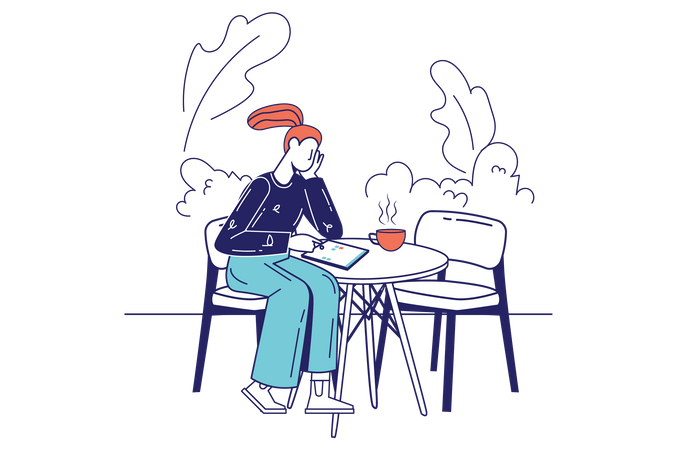 Woman using graphic tablet and sitting on table with coffee cup Illustration