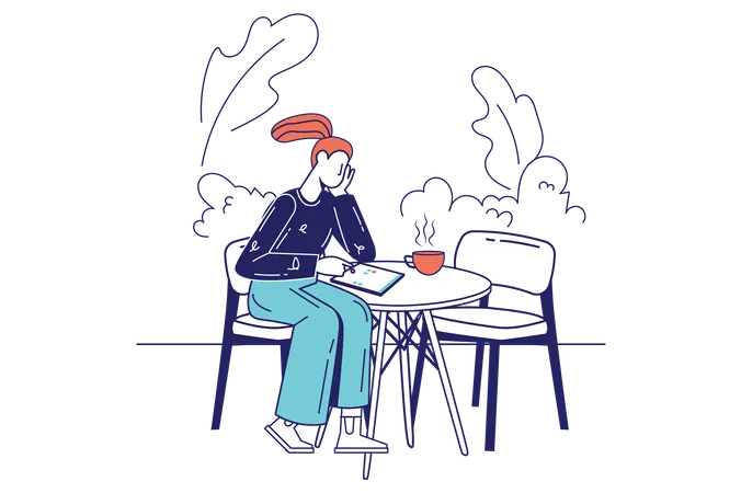 Woman using graphic tablet and sitting on table with coffee cup  Illustration