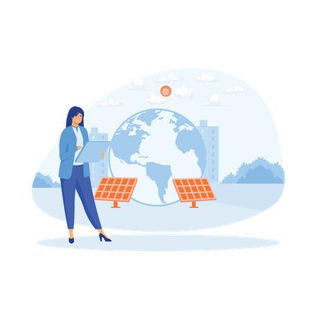 Woman using green electricity windmills and solar panels  Illustration