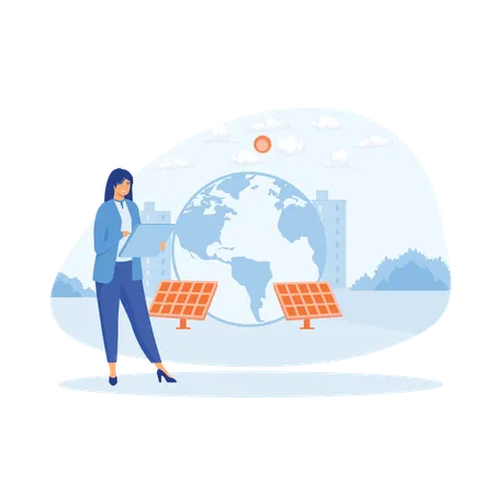 Woman using green electricity windmills and solar panels  Illustration