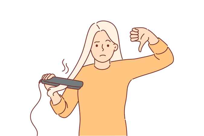 Woman using hair straightener shows thumbs down giving negative feedback about hairstyle care device  Illustration
