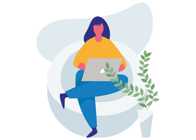 Woman using laptop and sitting on couch Illustration
