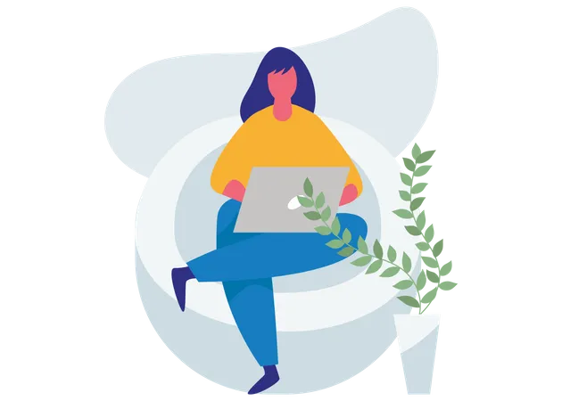 Woman using laptop and sitting on couch  Illustration