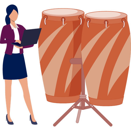 Woman using laptop checking drum set  Illustration