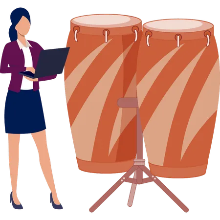 Woman using laptop checking drum set  Illustration