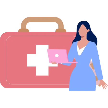 Woman Using Laptop Checking Medical Kit  Illustration