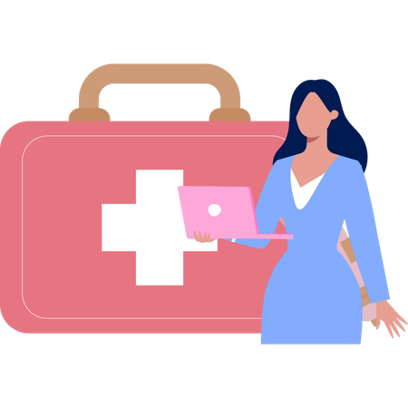 Woman Using Laptop Checking Medical Kit  Illustration