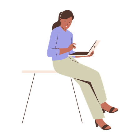 Woman Using Laptop While Sitting  Illustration