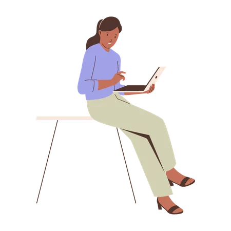 Woman Using Laptop While Sitting  Illustration