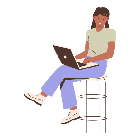 Woman Using Laptop While Sitting  Illustration