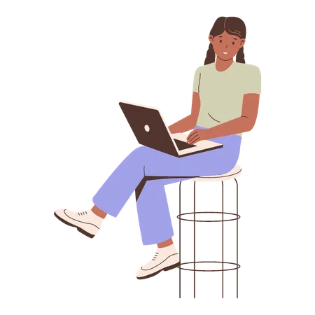 Woman Using Laptop While Sitting  Illustration