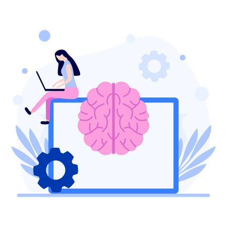 Woman Using Laptop with Brain  Illustration