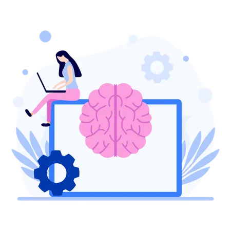 Woman Using Laptop with Brain  Illustration