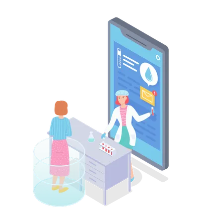 Flat Isometric Illustration Of Smartphone With Medical App Online Consultation With Doctor Physician Lab Assistant Show Results Of Medical Test Hold Flask Income Message At Screen Of Phone Illustration