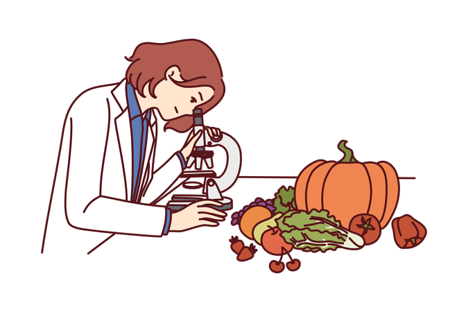Woman using microscope to check quality of food in laboratory  イラスト