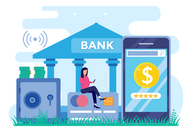 Woman using mobile banking facility Illustration