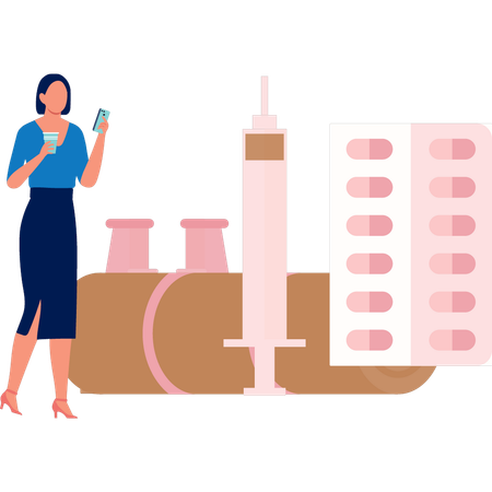 Woman Using Mobile Checking Injection  イラスト